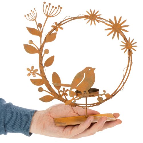 Porte-bougie chauffe-plat décoratif en forme d'oiseau et de fleur, aspect rouille, 24 × 27 × 6 cm | Floristik24.be