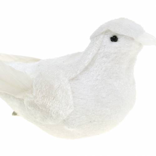 Floristik24 Colombe floquée avec plumes et clip blanc 13,5cm 4pcs