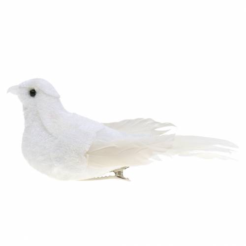 Floristik24 Colombe floquée avec plumes et clip blanc 13,5cm 4pcs