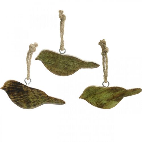 Oiseaux à suspendre, décoration printanière, cintre en bois naturel, vert H4cm 6 pcs