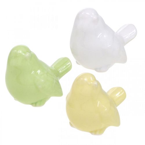 Oiseau en céramique blanc, vert, jaune, décoration de table H5cm L6cm 6pcs