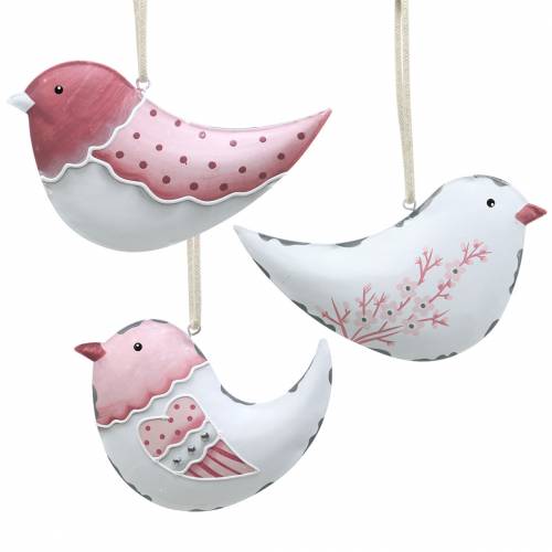 Floristik24 Oiseau à suspendre blanc, vieux rose métal assorti 9cm 3pcs