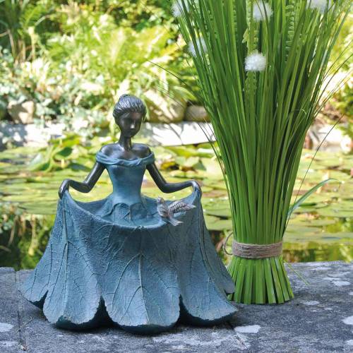 Article Figurine jardin bain d&#39;oiseau fille en robe fleurie H33.5cm