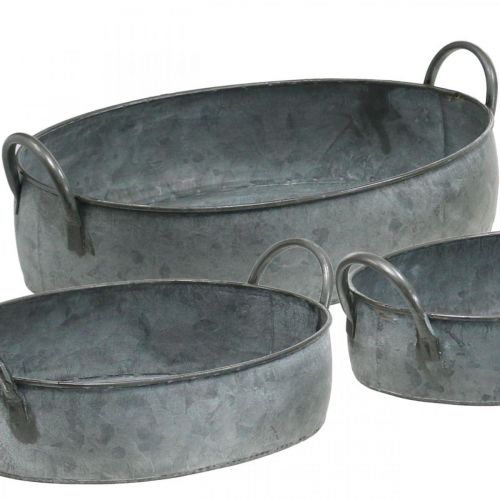 Floristik24 Jardinière avec anses, bac en zinc, bol fleuri aspect ancien, argent L35,5 / 30,5 / 26,5cm, lot de 3