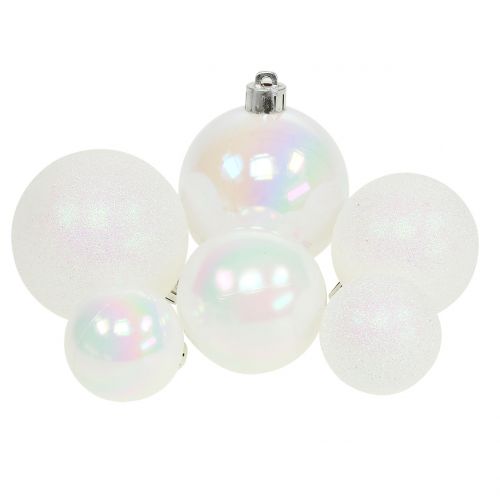 Floristik24 Boule de Noël blanche irisée Ø3,5cm - Ø5,5cm 30pcs