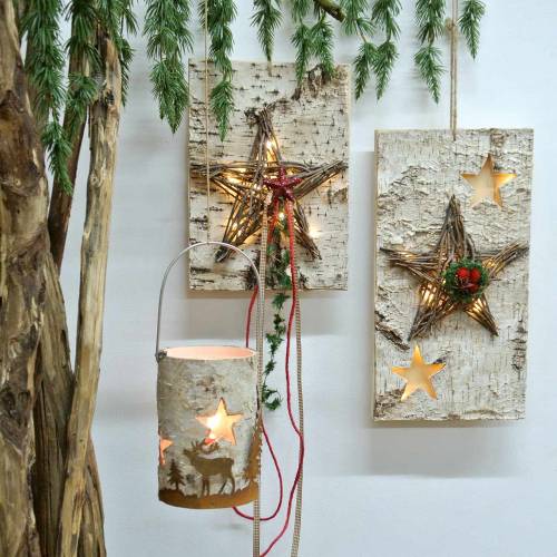 Article Panneau de Noël bouleau avec étoile LED / piles 40cm