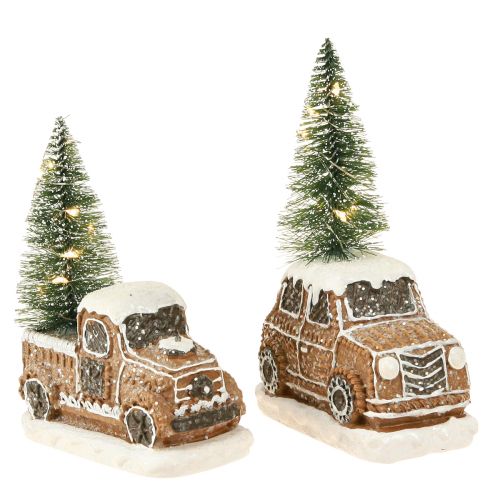 Floristik24 Voiture de Noël avec sapin de Noël LED en marron blanc 2 pièces