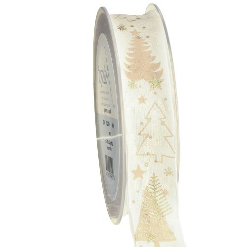 Ruban de Noël crème sapins dorés 25 mm 15 m
