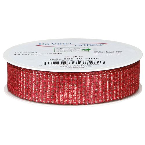 Article Ruban de Noël avec fils dorés, ruban cadeau rouge 25 mm, 20 m