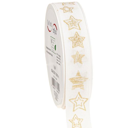 Ruban de Noël motif étoile or blanc 25 mm 18 m