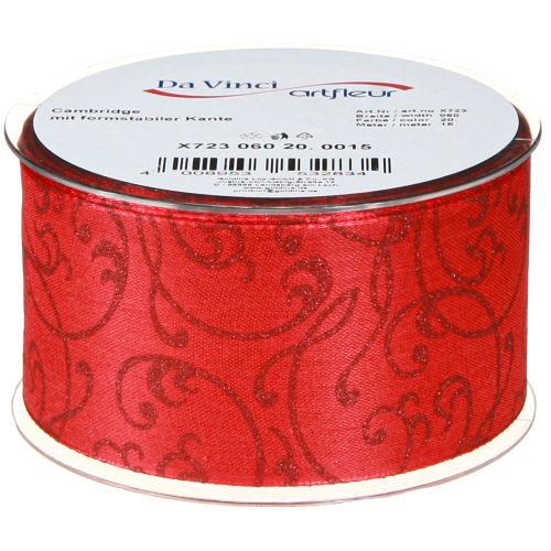 Article Ruban de Noël avec ornements floraux rouge 60 mm 15 m