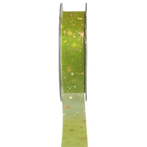 Ruban Noël, ruban organza motif étoile vert 25mm 25m