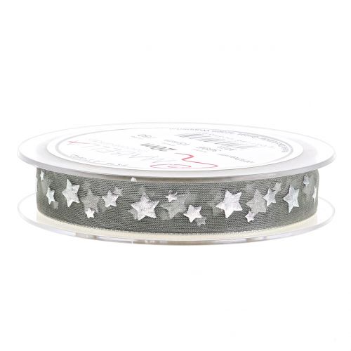 Article Ruban de Noël en Organza gris avec motif étoile 15mm 20m