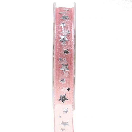 Ruban de Noël organza rose avec motif étoile 15mm 20m