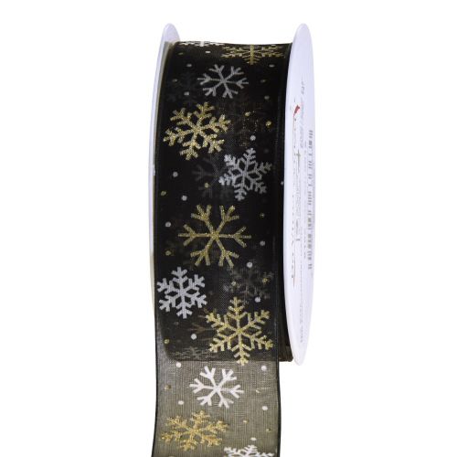 Floristik24 Ruban de Noël organza flocons de neige noir doré 40mm 15m