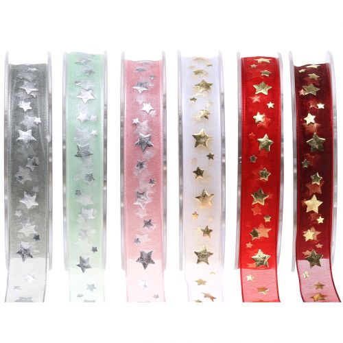 Bande de Noël en organza avec motif étoile 15mm 20m
