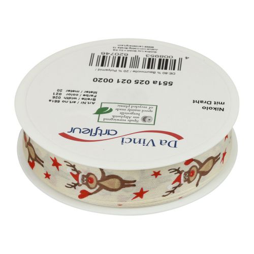 Floristik24 Ruban de Noël ruban cadeau crème renne Noël 25mm 20m