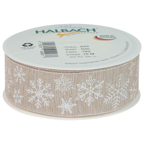 Floristik24 Ruban de Noël ruban cadeau beige flocon de neige 35mm 15m