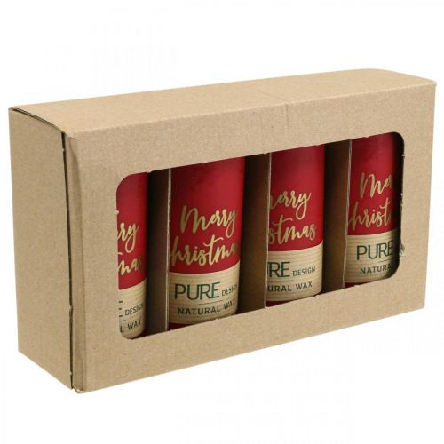 Article PURE bougies pilier Merry Christmas 130/60mm cire rouge 4pcs