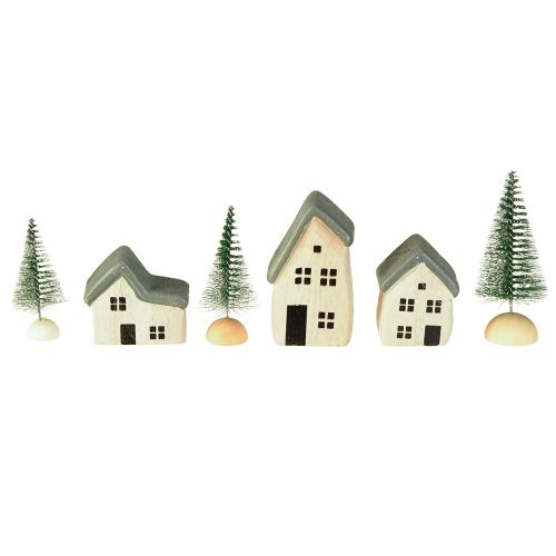 Village de Noël maisons en bois sapins verts et blancs 5-8 cm lot de 6