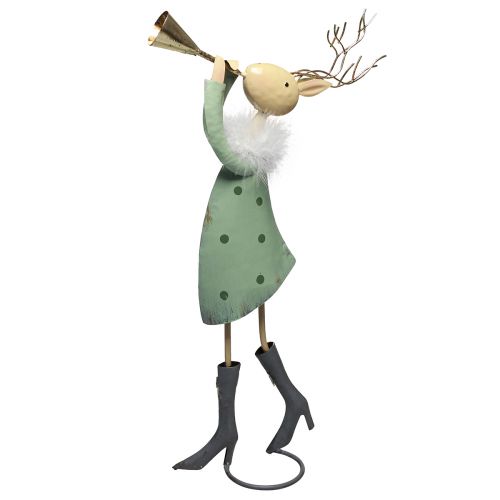 Article Figurine de Noël cerf trompette en métal vert or 51cm