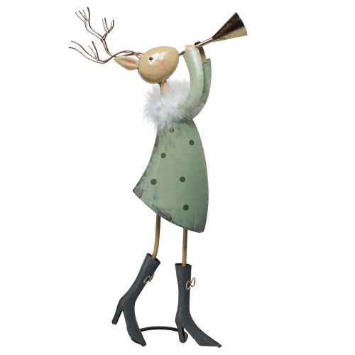 Article Figurine de Noël cerf trompette en métal vert or 51cm