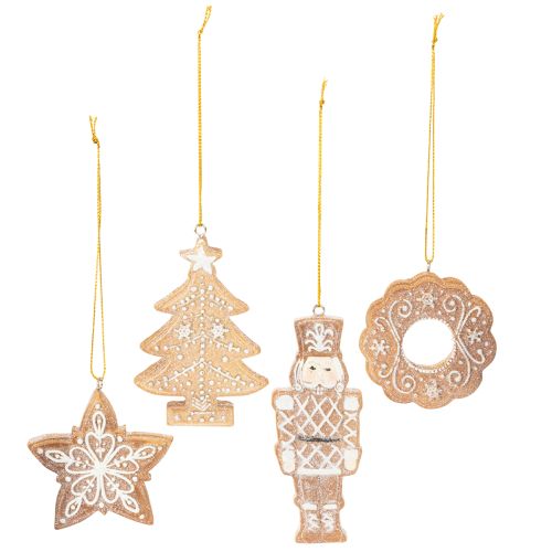 Décorations de Noël, pain d'épice, aspect glaçage, casse-noisette, étoile, sapin, couronne, 6 cm, lot de 4