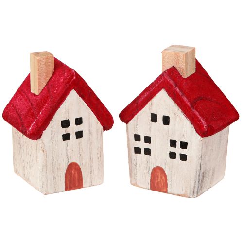Maison de Noël en bois Décoration de Noël blanc rouge 7cm 6 pièces