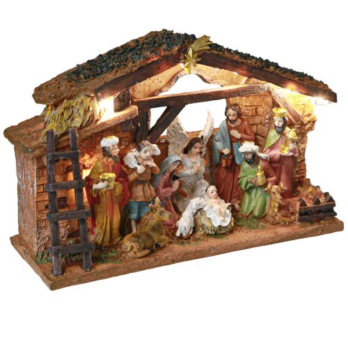 Crèche de Noël avec personnages et LED peinte à la main 23×14cm