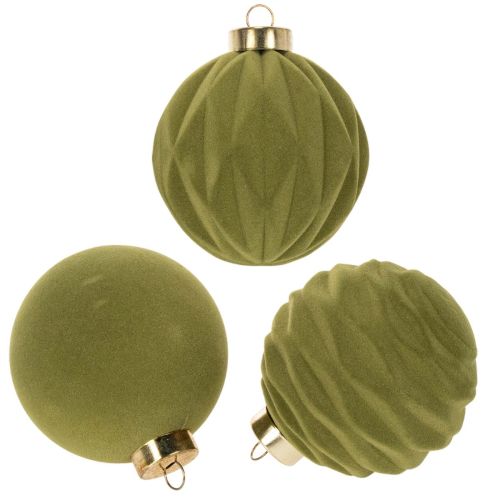 Boule de Noël effet velours, verte, texture variée, 8 cm, lot de 12. Boule de Noël floquée vert mousse, en plastique. Cordon en coton inclus. acheter | Floristik24.be