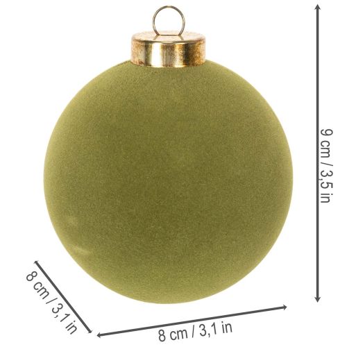Boule de Noël effet velours, verte, texture variée, 8 cm, lot de 12. Boule de Noël floquée vert mousse, en plastique. Cordon en coton inclus. | Floristik24.be