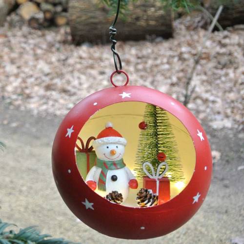 Floristik24 Boule de Noël à accrocher bonhomme de neige et LED rouge Ø14cm Pour piles