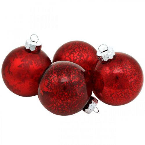 Boule de sapin, décoration sapin de Noël, boule en verre rouge marbré H4,5cm Ø4cm verre véritable 24 pièces