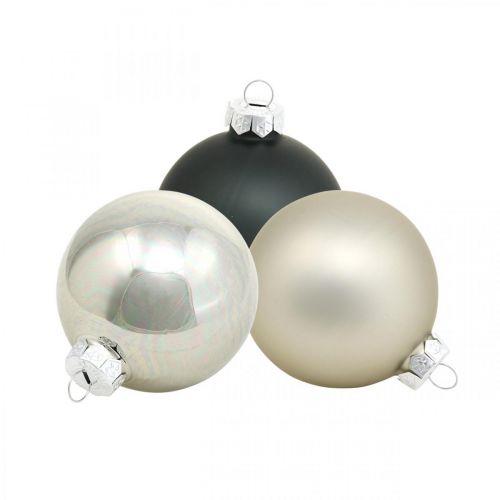 Boule de Noël, pendentif sapin de Noël, décoration sapin noir/argent/nacre H6,5cm Ø6cm verre véritable 24 pcs