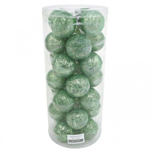 Article Boule de Noël, décoration sapin de Noël, boule en verre vert marbré H6,5cm Ø6cm verre véritable 24 pcs