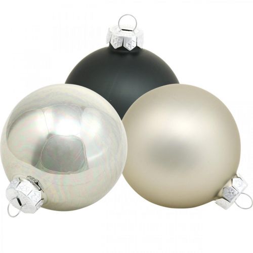 Floristik24 Boule, décorations de sapin de Noël, boule de Noël noir/argent/nacre H8.5cm Ø7.5cm verre véritable 12 pièces