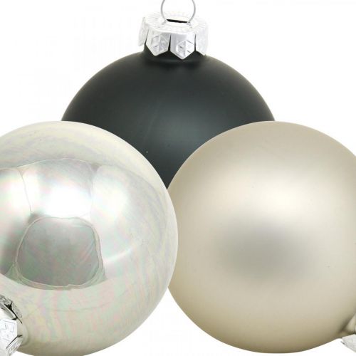 Article Boule, décorations de sapin de Noël, boule de Noël noir/argent/nacre H8.5cm Ø7.5cm verre véritable 12 pièces