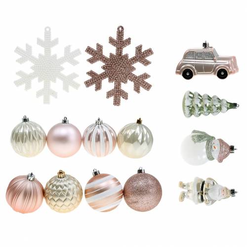 Floristik24 Décorations pour sapin de Noël dans un ensemble vieux rose, blanc, vert plastique 25pcs