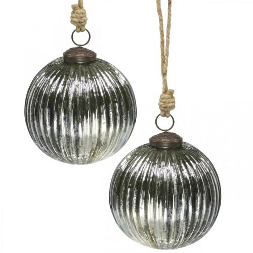 Boules de Noël en verre Boules de sapin de Noël argent avec rainures Ø10cm 2pcs