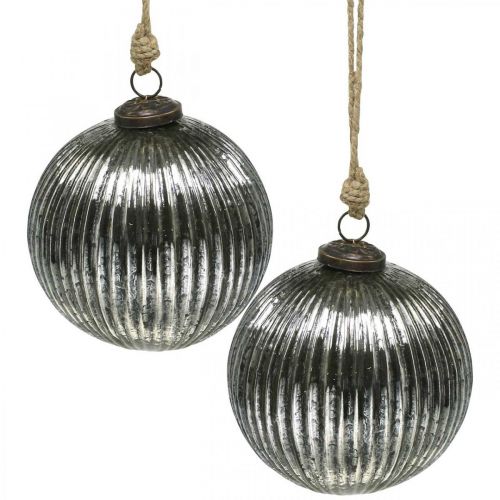 Boules de Noël en verre Boules de sapin de Noël argent avec rainures Ø12cm 2pcs