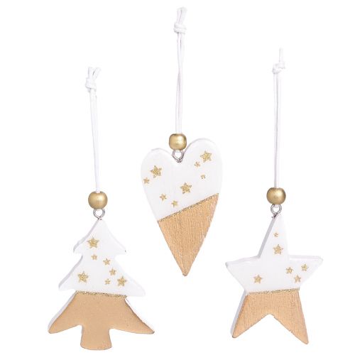 Article Décorations de Noël Coeur Sapin Étoile en bois 6,5-7cm 6pcs
