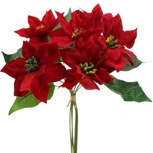 Article Décoration de fleurs de poinsettia artificielles en soie rouge, 6 pièces en bouquet