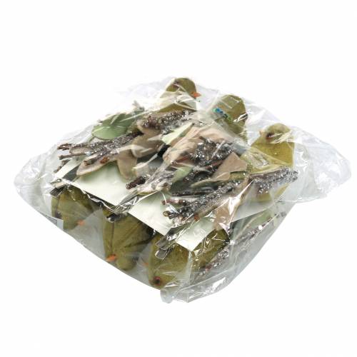 Article Décoration de Noël oiseau sur clip vert, paillettes 12cm 6pcs assortis