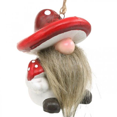 Article Nain décoratif en céramique à suspendre avec chapeau champignon rouge, blanc H8cm 4pcs
