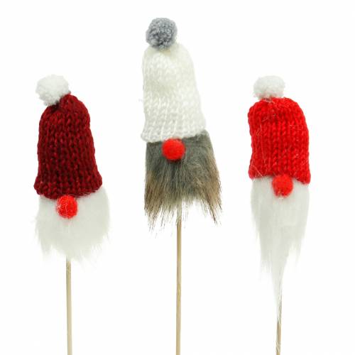 Floristik24 Nain à coller avec bonnet tricoté rouge, blanc, gris 11–13 cm L34–35,5 cm 12 pcs