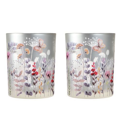 Article Lanterne en verre coquelicot prairie couleur argent H12,5cm 2 pcs