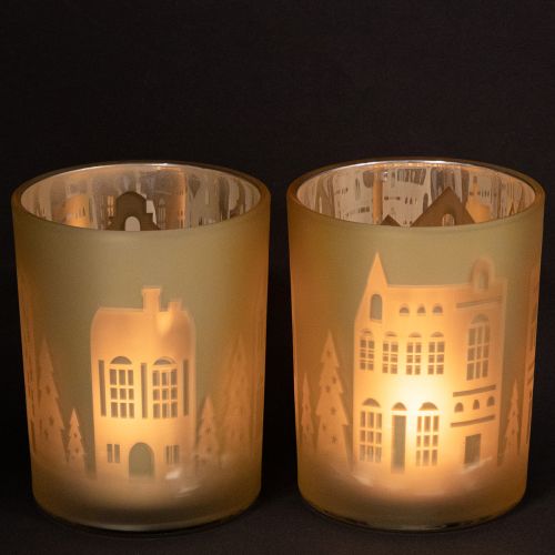 Article Lanterne verre argent or silhouette ville H12,5cm 4 pcs