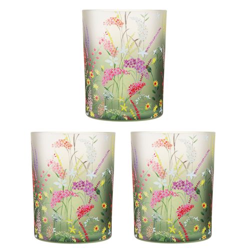 Floristik24 Lanterne en verre avec fleurs colorées été H12,5cm 3 pcs