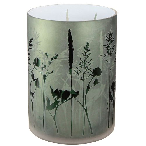 Article Lanterne grande déco en verre blanc vert motif prairie H24cm