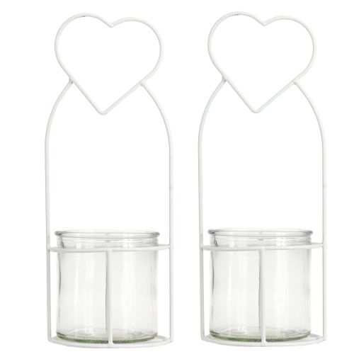 Article Lanterne Coeur Blanc Support Lanterne Verre Ø12cm H30cm 2pcs